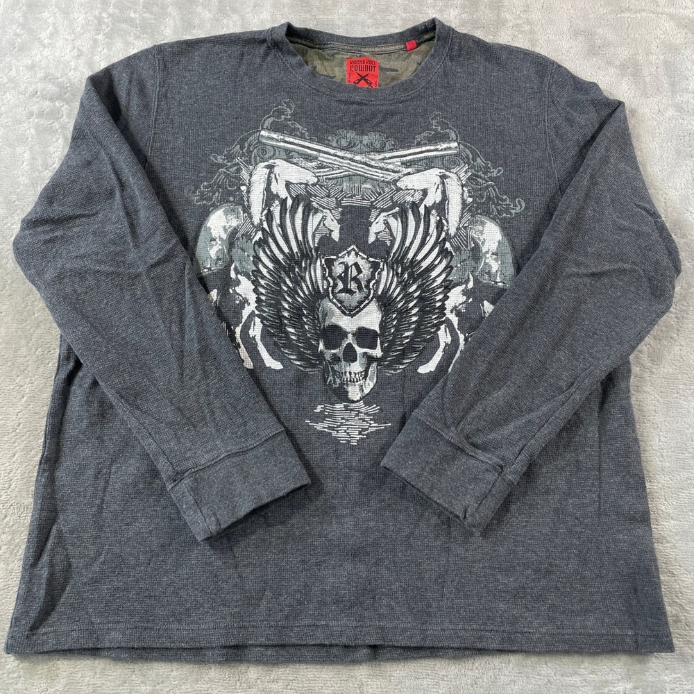 Rock & Roll Cowboy Thermal Shirt Mens XL Gray Skull Wing Pistol Grunge Punk